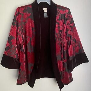Chico's Travelers Reversible Red Velvet Jacket Blazer Size 2 12/14 Kimono Jacket